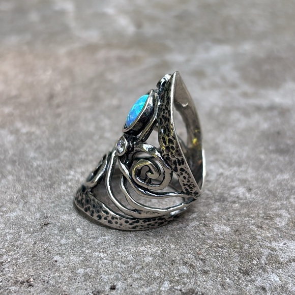 Vintage 925 Silver Blue Green Opal Ring Israel Signed - Picture 2 of 5